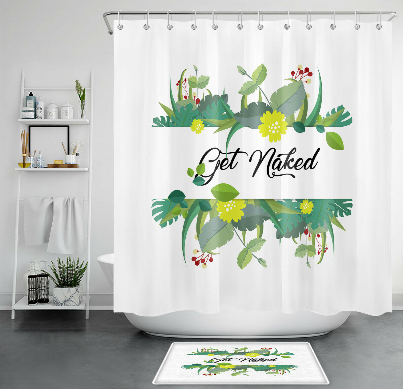 Tropical Green Leaf Flower Funny Get Naked Shower Curtain - Cute Bathroom Decor