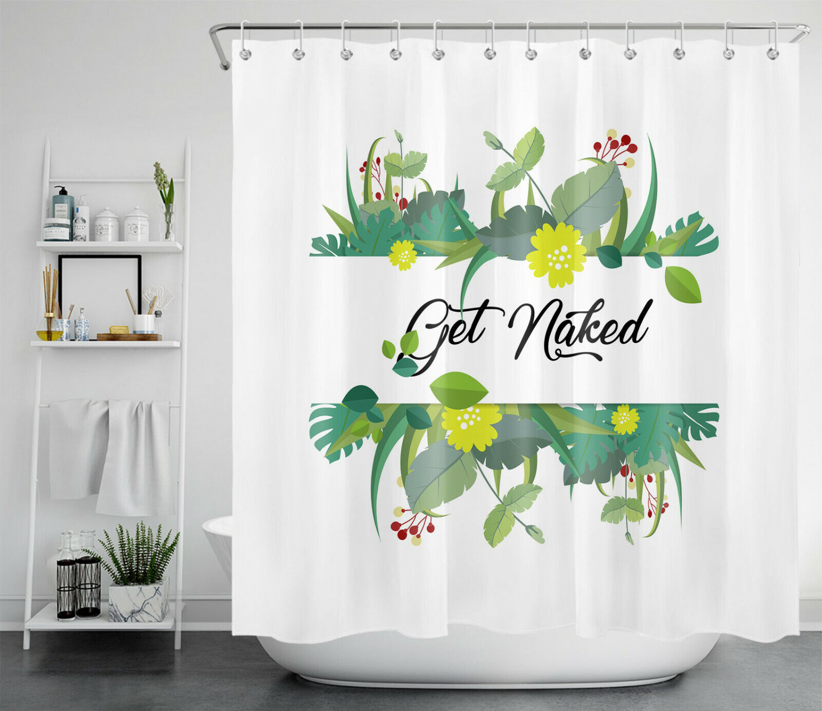 Tropical Green Leaf Flower Funny Get Naked Shower Curtain - Cute Bathroom Decor