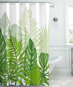 Tropical Green Leaf Shower Curtain, 3D Botanical Floral Jungle Bathroom Decor