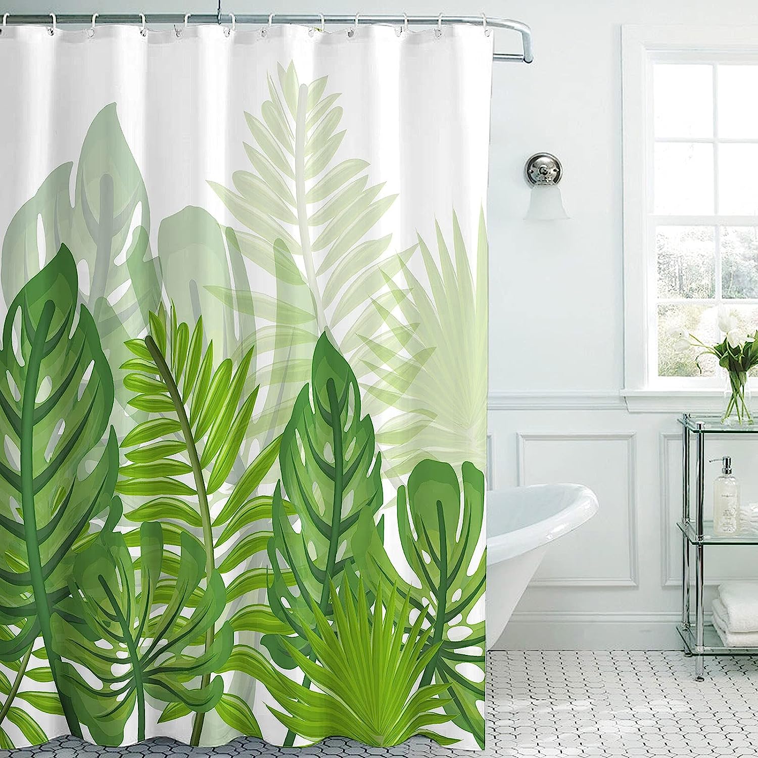 Tropical Green Leaf Shower Curtain, 3D Botanical Floral Jungle Bathroom Decor