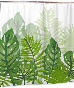 Tropical Green Leaf Shower Curtain, 3D Botanical Floral Jungle Bathroom Decor