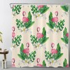 Tropical Green Leaf Shower Curtain With Flamingo And Floral Design On Beige Background,