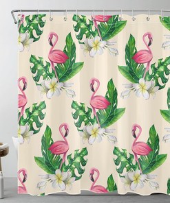 Tropical Green Leaf Shower Curtain With Flamingo And Floral Design On Beige Background,