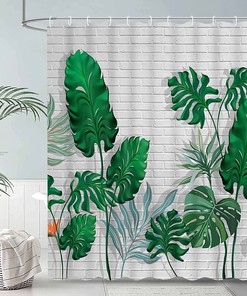 Tropical Green Leaf Shower Curtain With Palm Tree And Monstera Leaf Design For Botanical Bathroom Decor
