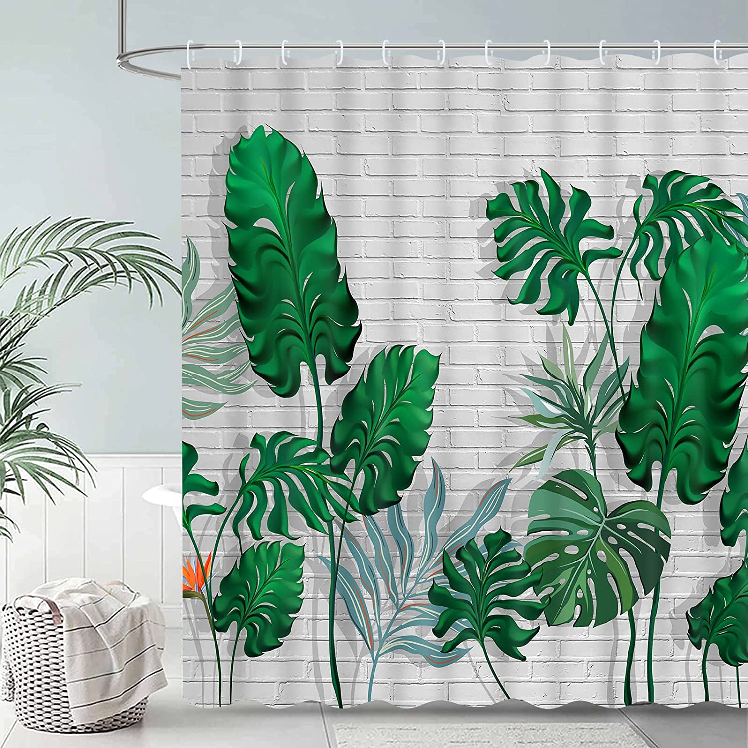 Tropical Green Leaf Shower Curtain With Palm Tree And Monstera Leaf Design For Botanical Bathroom Decor