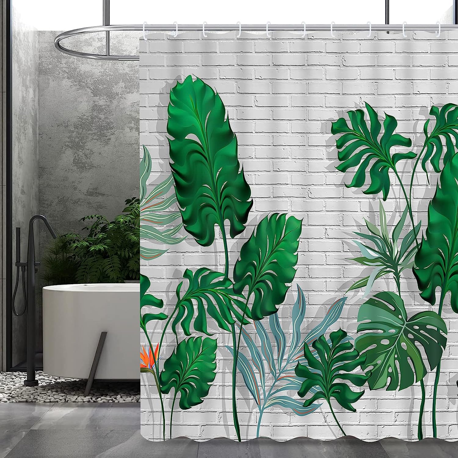 Tropical Green Leaf Shower Curtain With Palm Tree And Monstera Leaf Design For Botanical Bathroom Decor - Image 2