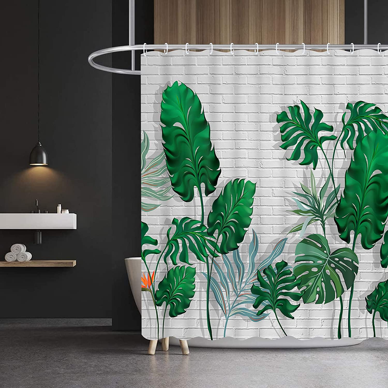 Tropical Green Leaf Shower Curtain With Palm Tree And Monstera Leaf Design For Botanical Bathroom Decor - Image 3