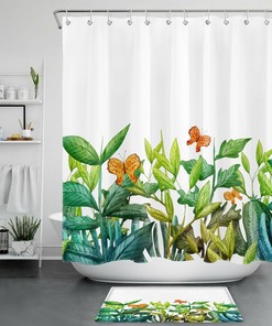 Tropical Green Leaves Butterfly Decorative Shower Curtain For Your Bathroom