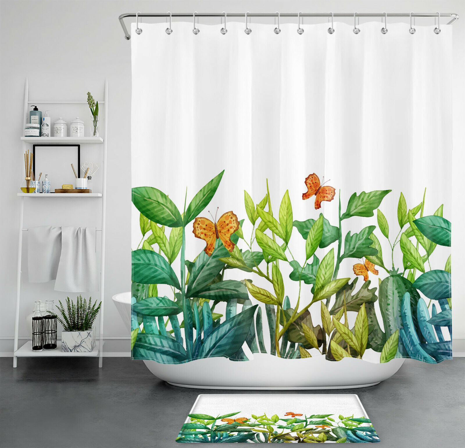 Tropical Green Leaves Butterfly Decorative Shower Curtain For Your Bathroom