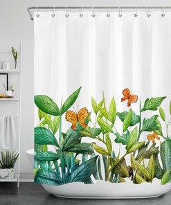 Tropical Green Leaves Butterfly Decorative Shower Curtain For Your Bathroom