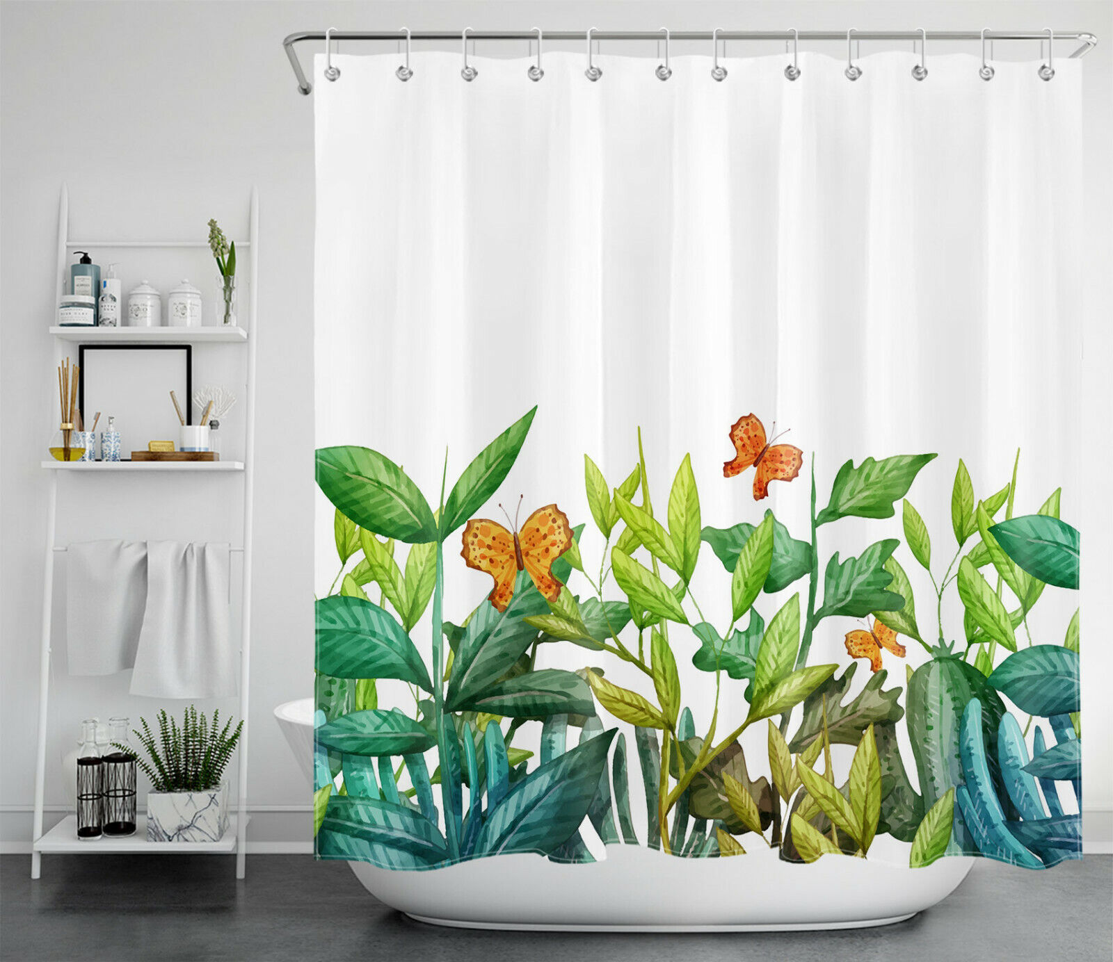 Tropical Green Leaves Butterfly Decorative Shower Curtain For Your Bathroom