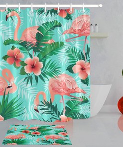 Tropical Green Leaves Flamingo Hibiscus Waterproof Fabric Shower Curtain