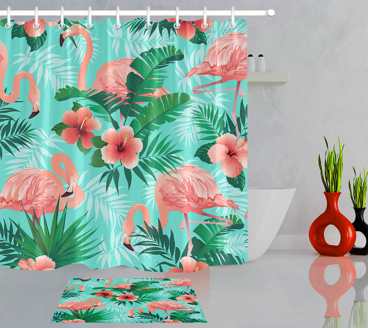 Tropical Green Leaves Flamingo Hibiscus Waterproof Fabric Shower Curtain