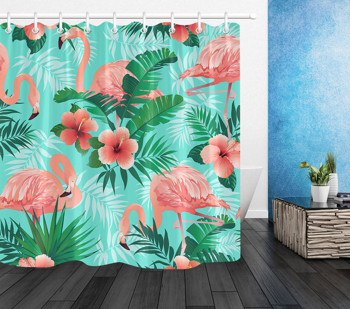 Tropical Green Leaves Flamingo Hibiscus Waterproof Fabric Shower Curtain - Image 2