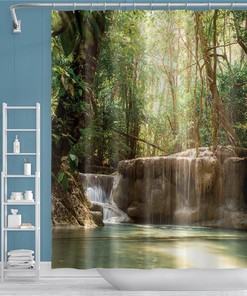 Tropical Green Leaves Great Waterfall Rainforest Shower Curtain, Seasonal Landscape Bath Curtain