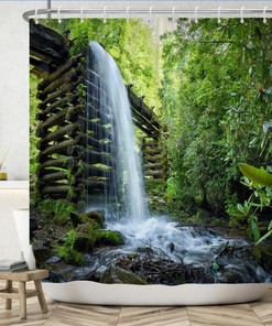 Tropical Green Leaves Great Waterfall Rainforest Shower Curtain, Seasonal Landscape Bath Curtain