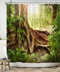 Tropical Green Leaves Great Waterfall Rainforest Shower Curtain, Seasonal Landscape Bath Curtain