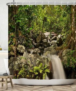 Tropical Green Leaves Great Waterfall Rainforest Shower Curtain, Seasonal Landscape Bath Curtain