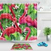 Tropical Green Leaves Pink Flamingos Shower Curtain - Restroom Shower Curtains Decorative Bundle 