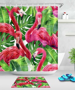 Tropical Green Leaves Pink Flamingos Shower Curtain - Restroom Shower Curtains Decorative Bundle 