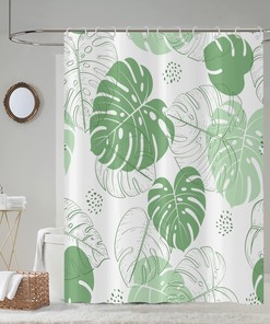 Tropical Green Leaves Shower Curtain with Palm and Watercolor Botanical Pattern, Waterproof Fabric for Home Decor