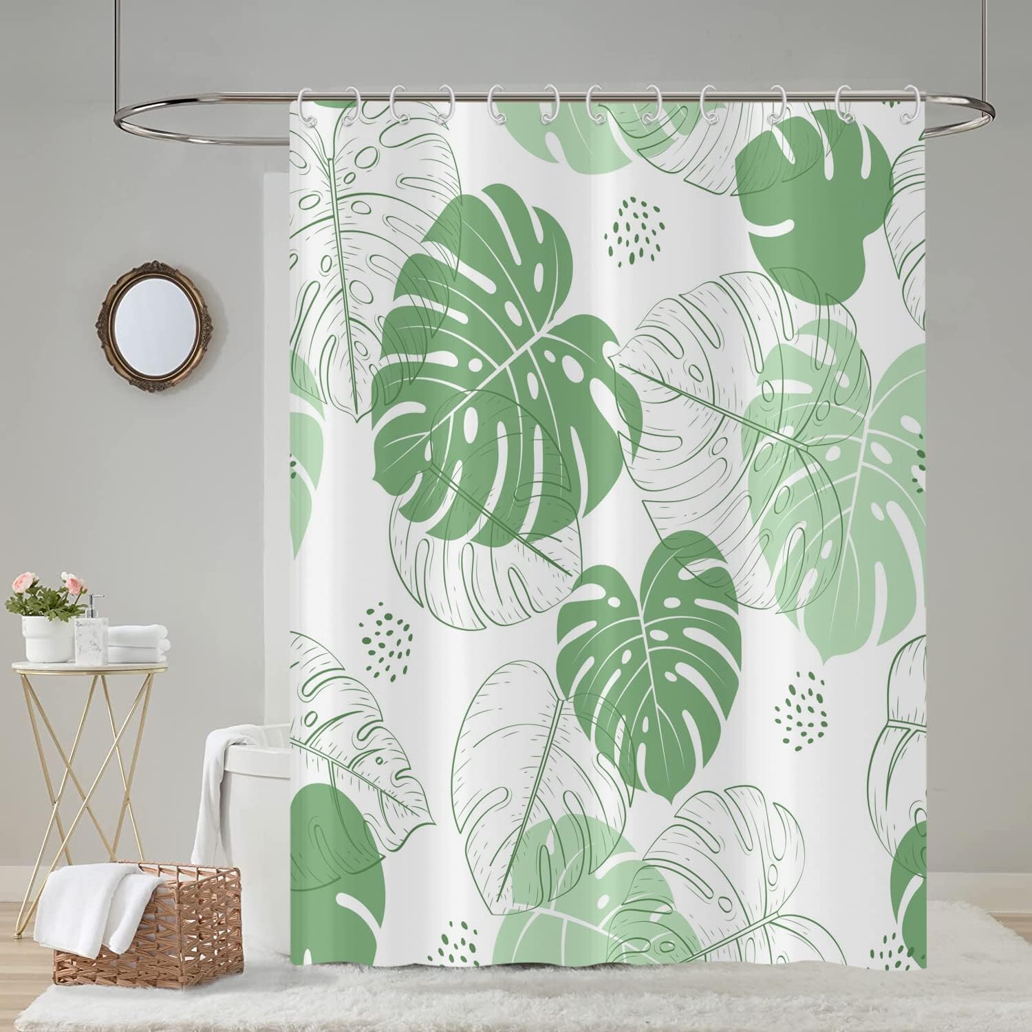 Tropical Green Leaves Shower Curtain with Palm and Watercolor Botanical Pattern, Waterproof Fabric for Home Decor