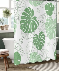 Tropical Green Leaves Shower Curtain with Palm and Watercolor Botanical Pattern, Waterproof Fabric for Home Decor