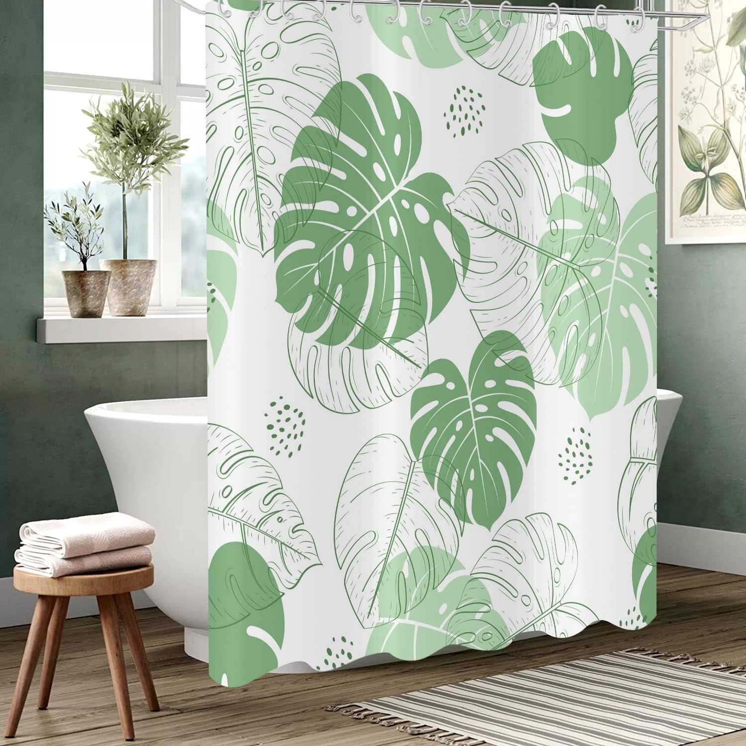 Tropical Green Leaves Shower Curtain with Palm and Watercolor Botanical Pattern, Waterproof Fabric for Home Decor
