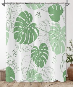 Tropical Green Leaves Shower Curtain with Palm and Watercolor Botanical Pattern, Waterproof Fabric for Home Decor