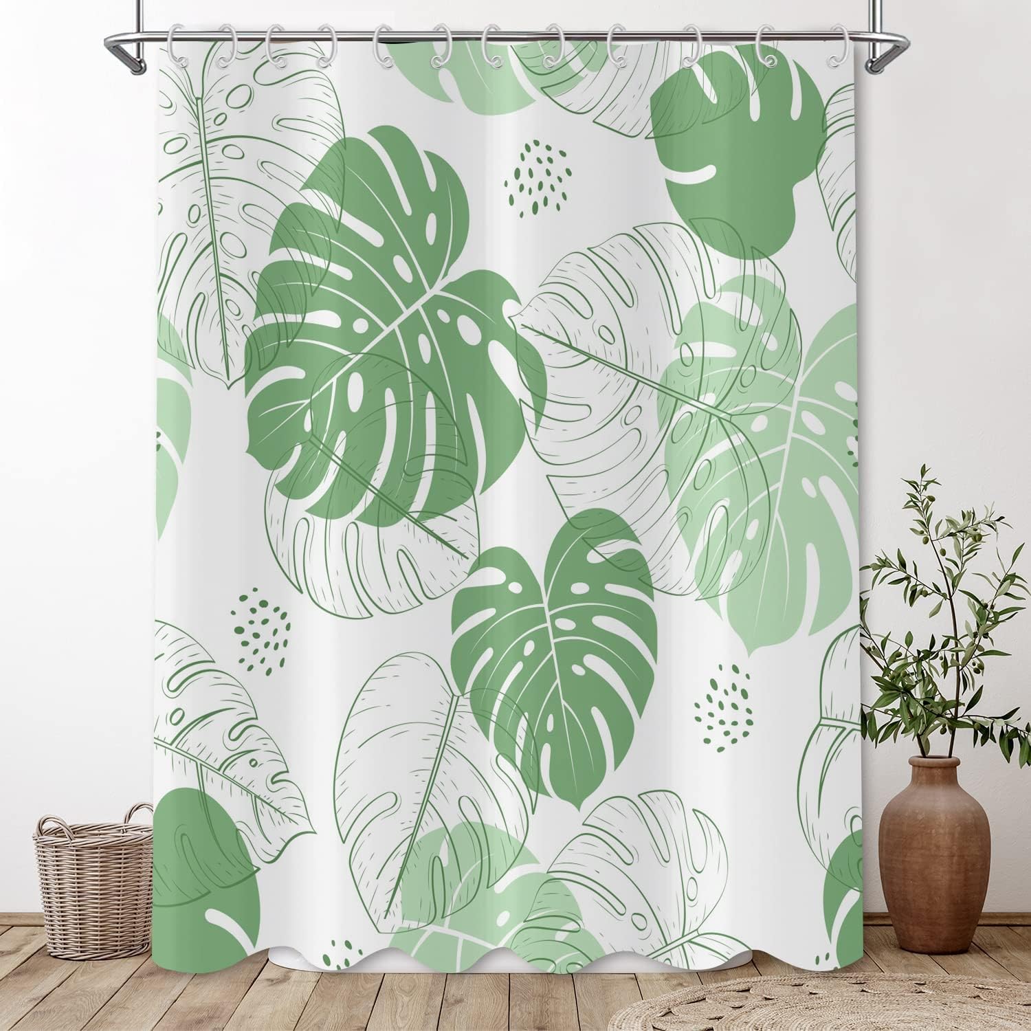 Tropical Green Leaves Shower Curtain with Palm and Watercolor Botanical Pattern, Waterproof Fabric for Home Decor