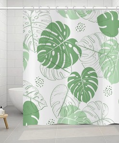 Tropical Green Leaves Shower Curtain with Palm and Watercolor Botanical Pattern, Waterproof Fabric for Home Decor