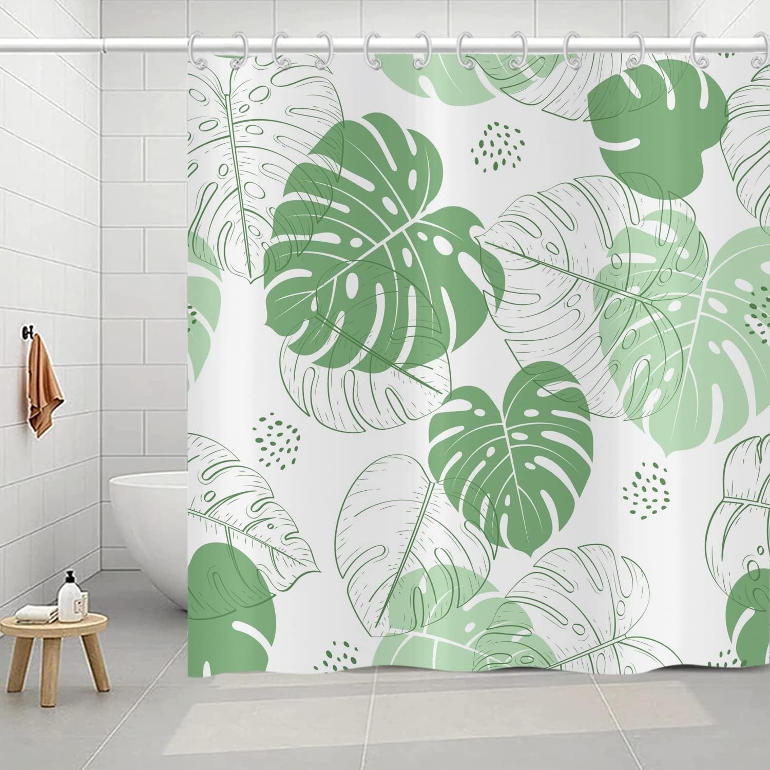 Tropical Green Leaves Shower Curtain with Palm and Watercolor Botanical Pattern, Waterproof Fabric for Home Decor