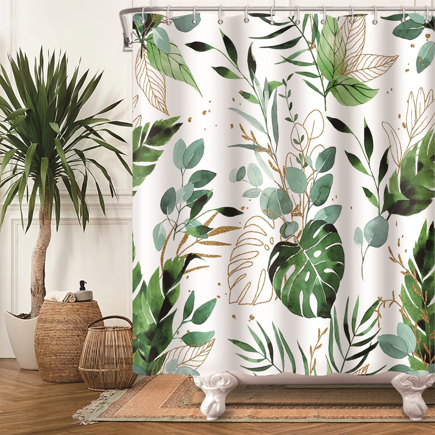 Tropical Green Palm Leaves Shower Curtain, Botanical Bathroom Decor, Beiyongde