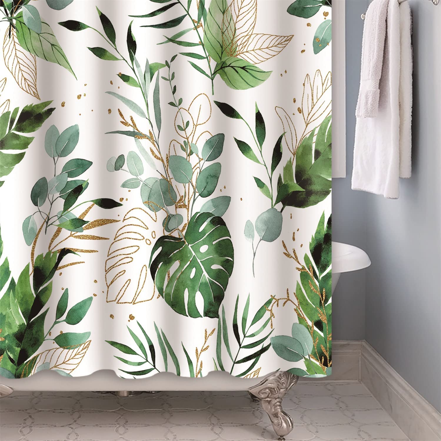 Tropical Green Palm Leaves Shower Curtain, Botanical Bathroom Decor, Beiyongde - Image 3