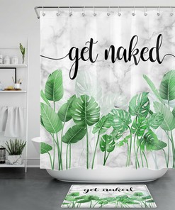 Tropical Green Palm Leaves Shower Curtain With Marble Get Naked Text For Chic Bathroom Decor