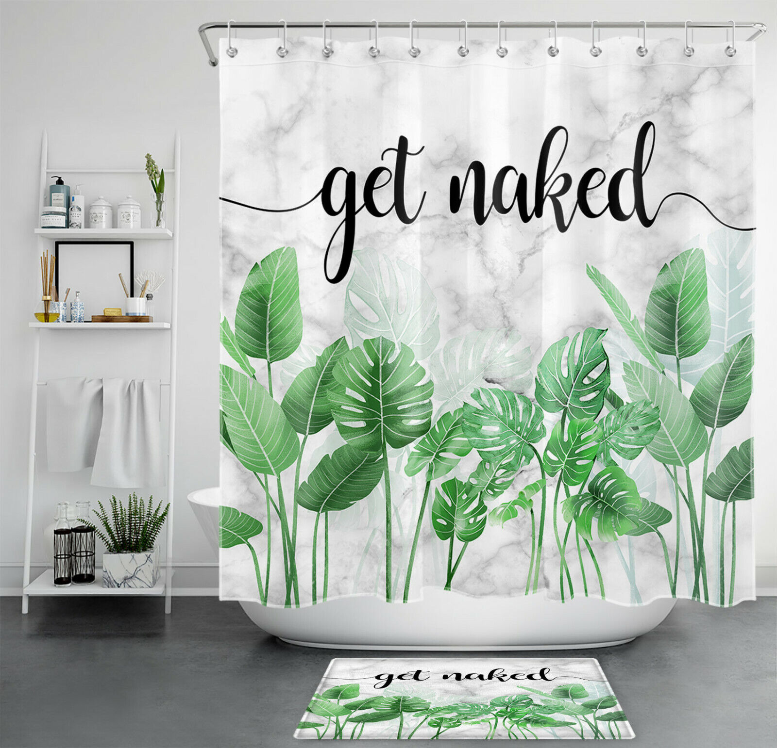 Tropical Green Palm Leaves Shower Curtain With Marble Get Naked Text For Chic Bathroom Decor
