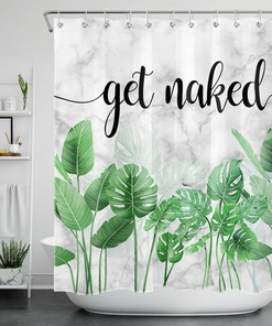 Tropical Green Palm Leaves Shower Curtain With Marble Get Naked Text For Chic Bathroom Decor