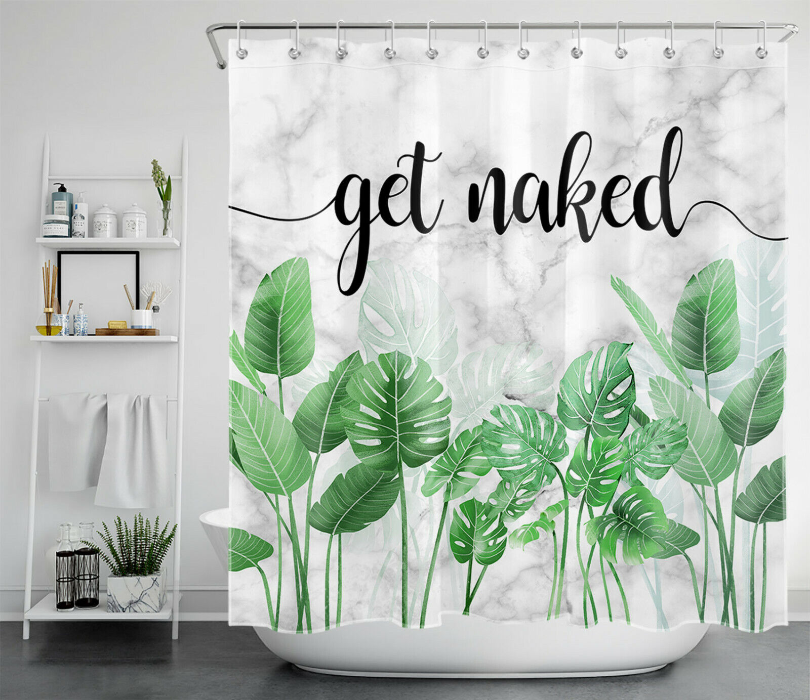 Tropical Green Palm Leaves Shower Curtain With Marble Get Naked Text For Chic Bathroom Decor