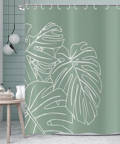Tropical Green Palm Leaves Shower Curtain with Leaf Plants Botanical Pattern, Waterproof Fabric for Home Decor