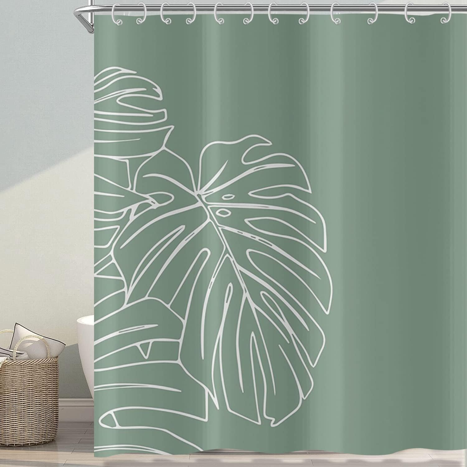 Tropical Green Palm Leaves Shower Curtain with Leaf Plants Botanical Pattern, Waterproof Fabric for Home Decor
