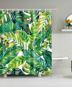 Tropical Green Plant Print Shower Curtain With Botanical Banana Monstera Leaf Palm Tree Design For Bathroom Decoration