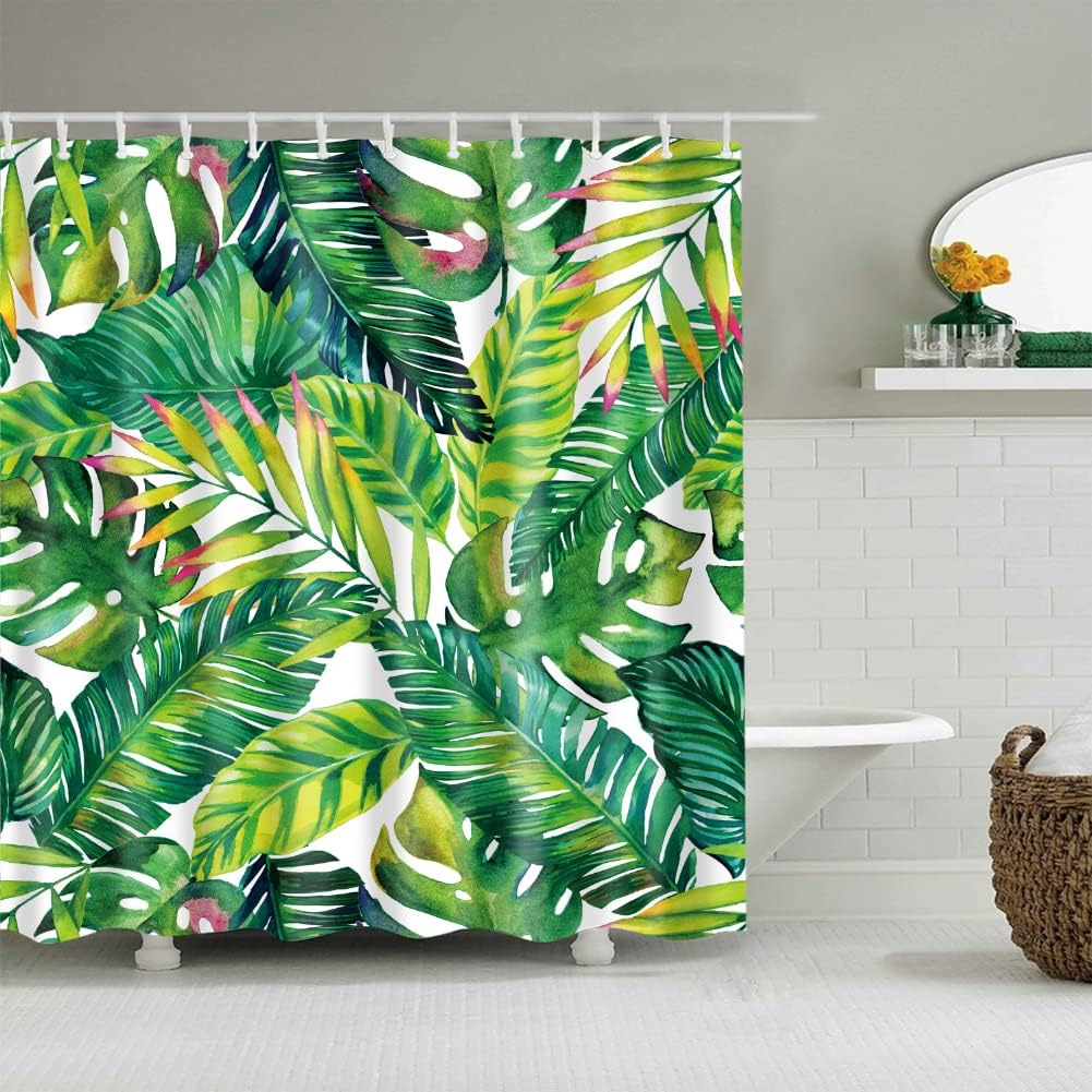 Tropical Green Plant Print Shower Curtain With Botanical Banana Monstera Leaf Palm Tree Design For Bathroom Decoration