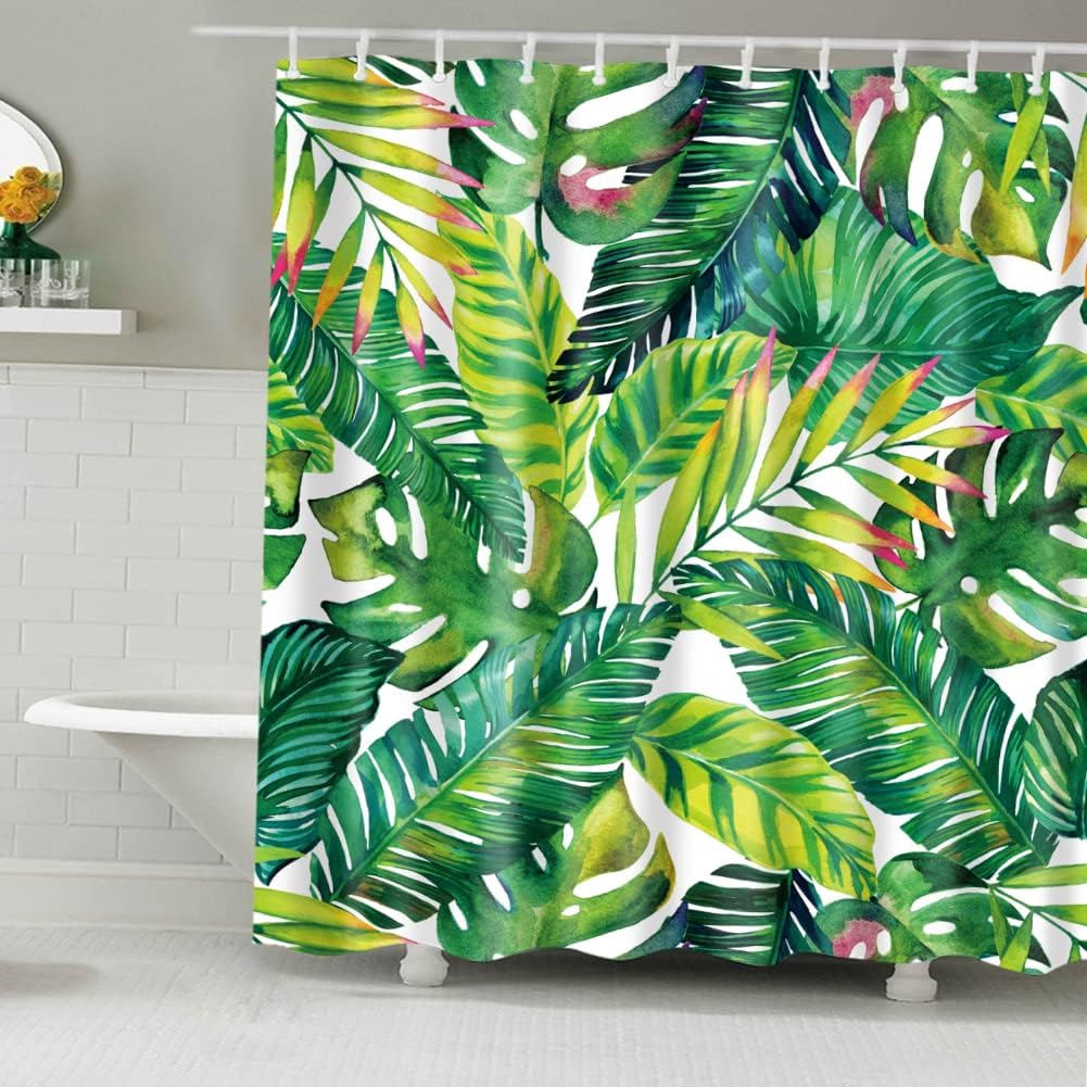 Tropical Green Plant Print Shower Curtain With Botanical Banana Monstera Leaf Palm Tree Design For Bathroom Decoration - Image 2
