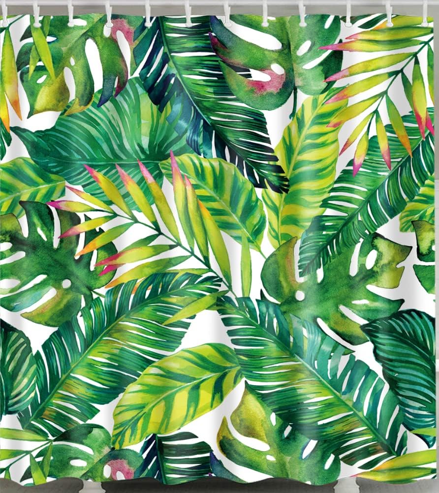 Tropical Green Plant Print Shower Curtain With Botanical Banana Monstera Leaf Palm Tree Design For Bathroom Decoration - Image 3