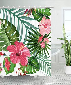 Tropical Green Plant Shower Curtain - Botanical Bathroom Decor, Banana Leaves And Flowers Theme, Unique Shower Curtain