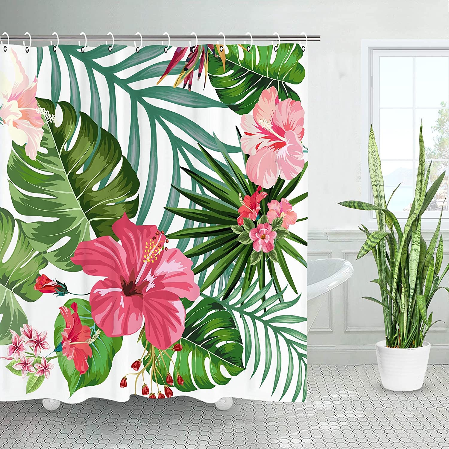 Tropical Green Plant Shower Curtain - Botanical Bathroom Decor, Banana Leaves And Flowers Theme, Unique Shower Curtain