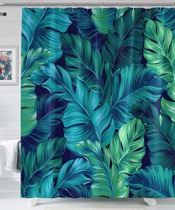 Tropical Green Plant Shower Curtain - Botanical Bathroom Decor, Banana Leaves And Flowers Theme, Unique Shower Curtain