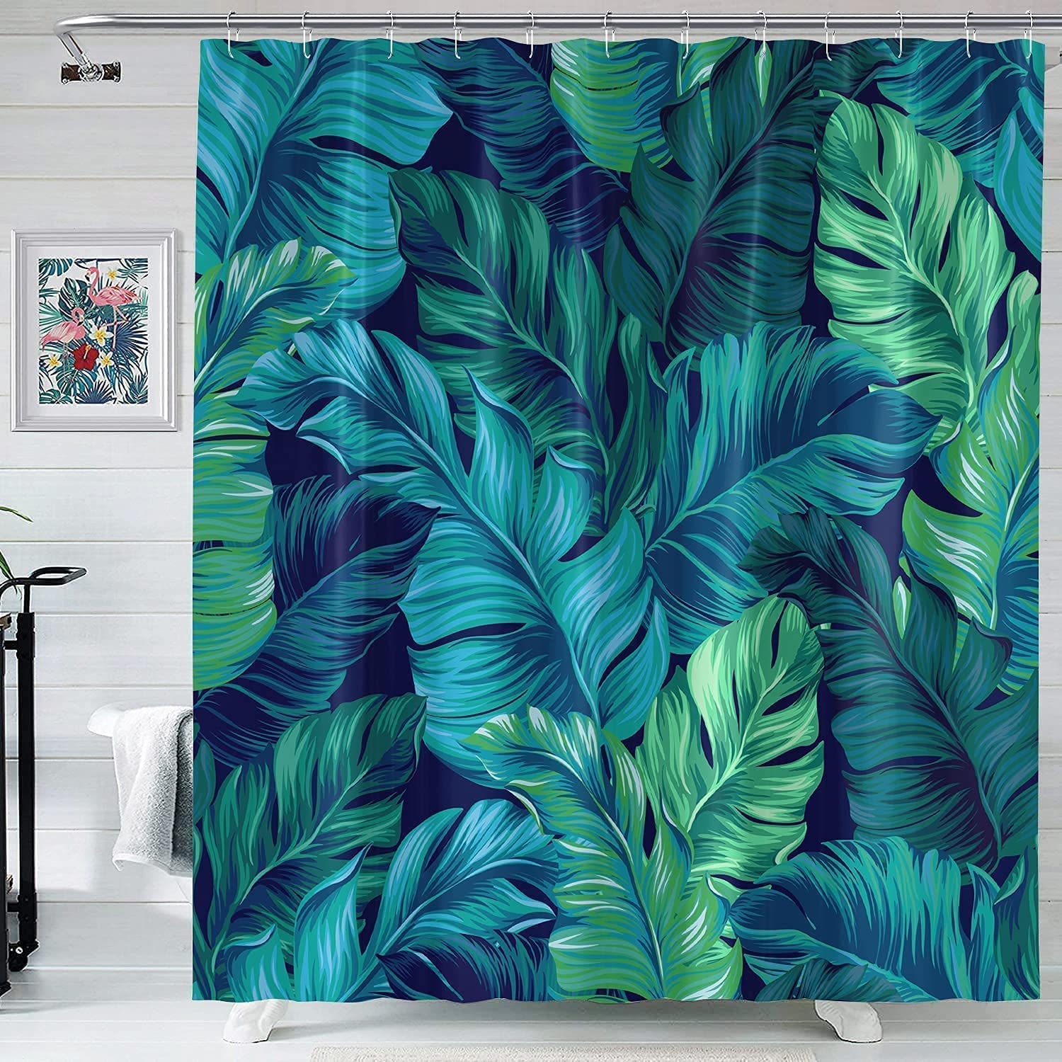 Tropical Green Plant Shower Curtain - Botanical Bathroom Decor, Banana Leaves And Flowers Theme, Unique Shower Curtain