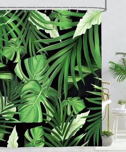 Tropical Green Plant Shower Curtain - Botanical Bathroom Decor, Banana Leaves And Flowers Theme, Unique Shower Curtain