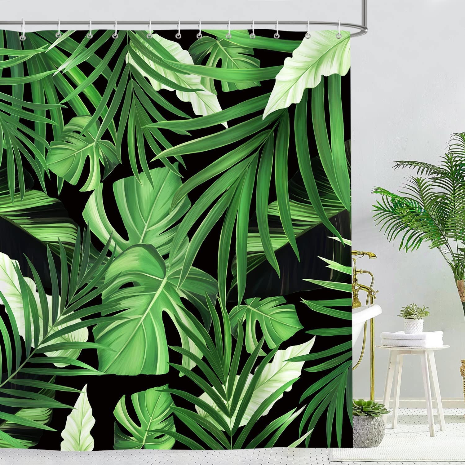 Tropical Green Plant Shower Curtain - Botanical Bathroom Decor, Banana Leaves And Flowers Theme, Unique Shower Curtain